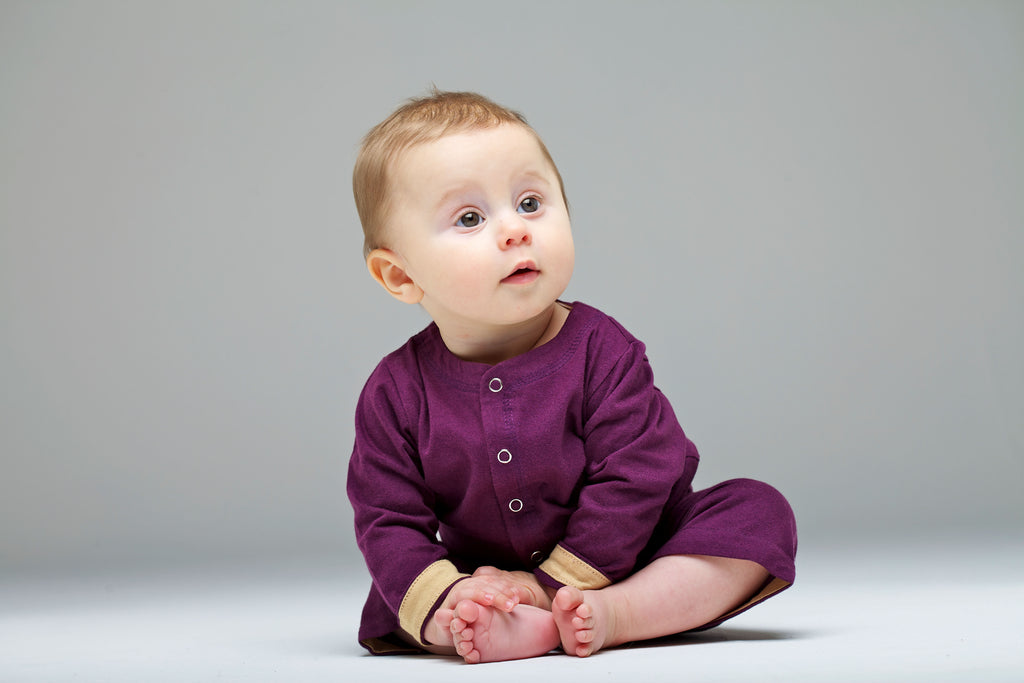 Horsey baby long sleeve top & pants in Heritage Carrot purple, luxury, machine wash cashmere & cotton blend, sizes 00000–0