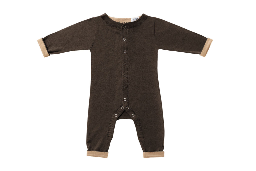 Horsey baby long suit in Bay chocolate, unisex, fold cuffs up for contrast colour, luxury cashmere & cotton blend