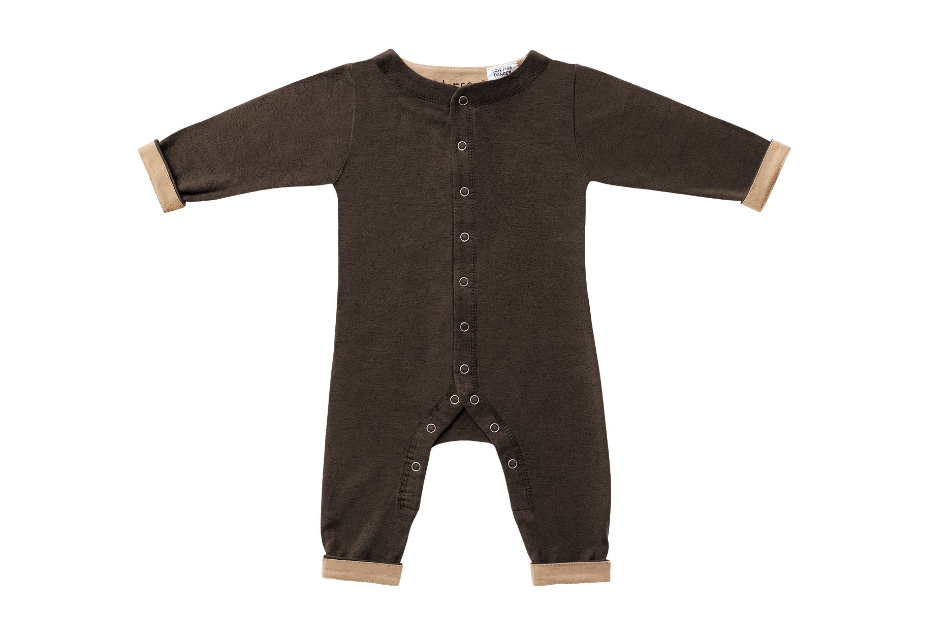 Horsey baby long suit in Bay chocolate, unisex, fold cuffs up for contrast colour, luxury cashmere & cotton blend