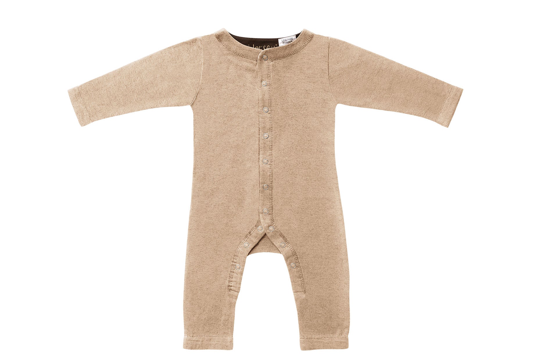 Horsey baby long suit in Buckskin beige, luxury machine-washable cashmere & cotton blend, sizes 00000–0