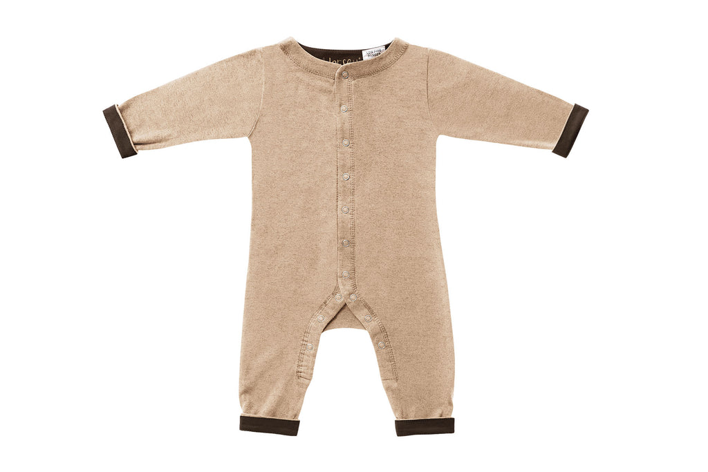 Horsey baby long suit in Buckskin beige, unisex, fold cuffs up for contrast colour, luxury cashmere & cotton blend