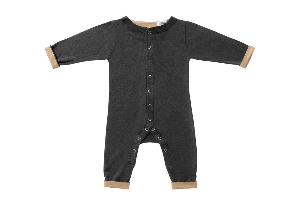 Horsey baby long suit in Grey charcoal, unisex, fold cuffs up for contrast colour, luxury cashmere & cotton blend