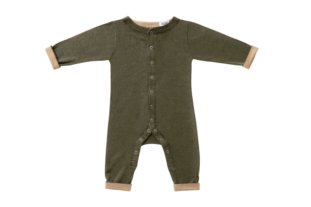 Horsey baby long suit in Lucerne olive, unisex, fold cuffs up for contrast colour, luxury cashmere & cotton blend