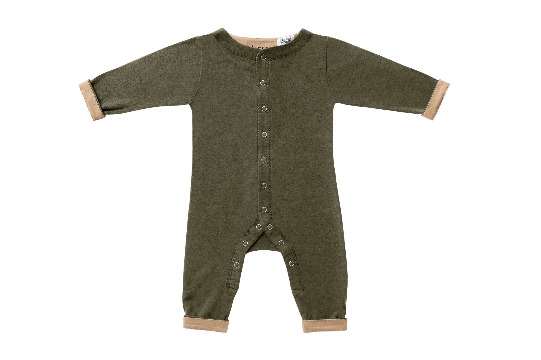 Horsey baby long suit in Lucerne olive, unisex, fold cuffs up for contrast colour, luxury cashmere & cotton blend