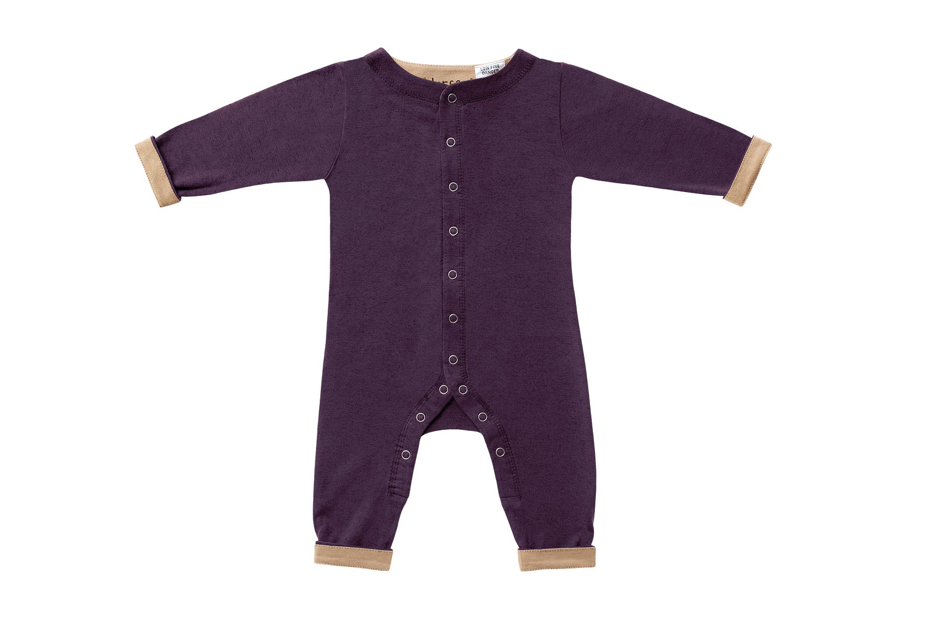 Horsey baby long suit in Heritage Carrot purple, unisex, fold cuffs for contrast colour, luxury cashmere & cotton blend