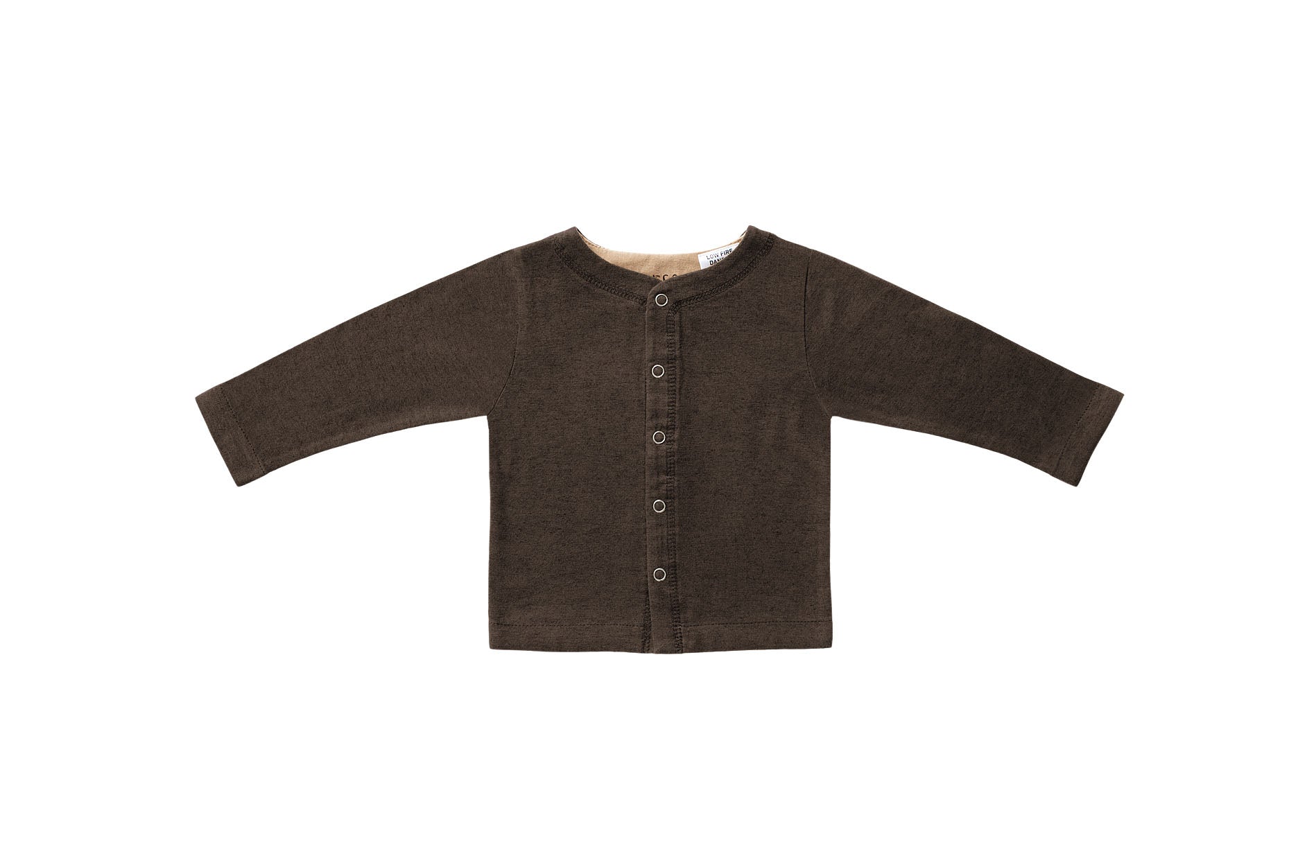 Horsey baby long sleeve top in Bay chocolate colour, luxury machine-washable cashmere & cotton blend, sizes 00000–0