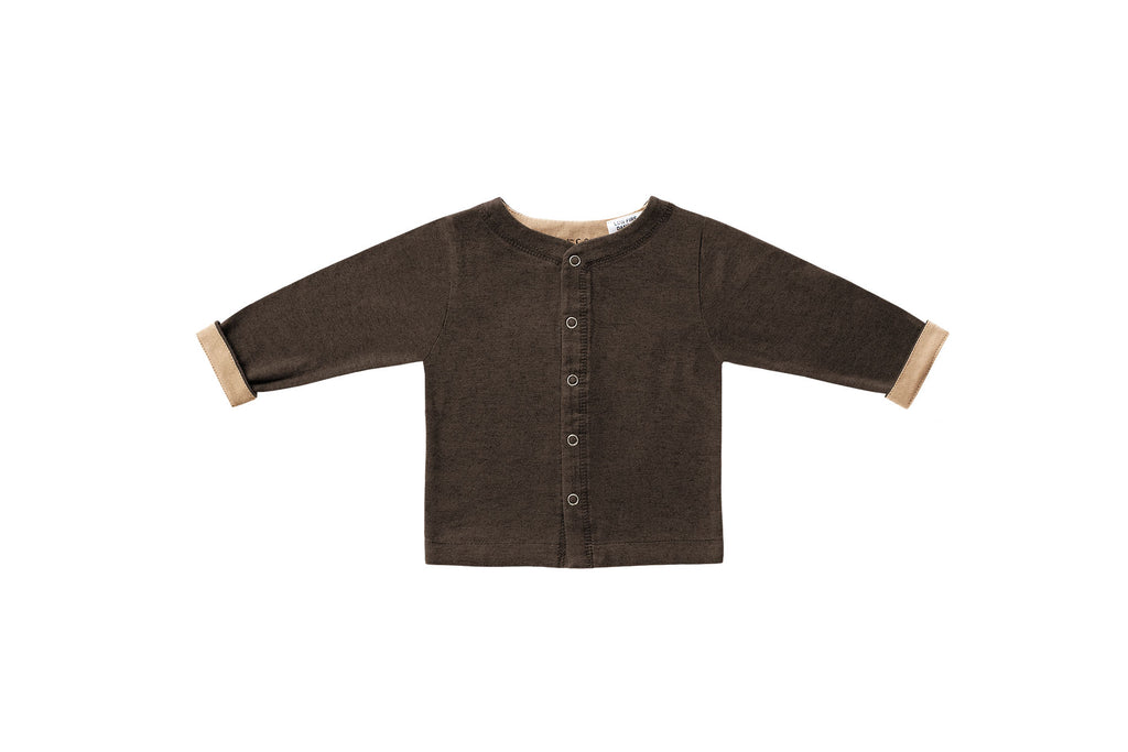 Horsey baby long sleeve top in Bay chocolate, unisex, luxury cashmere & cotton, fold cuffs back for contrast colour