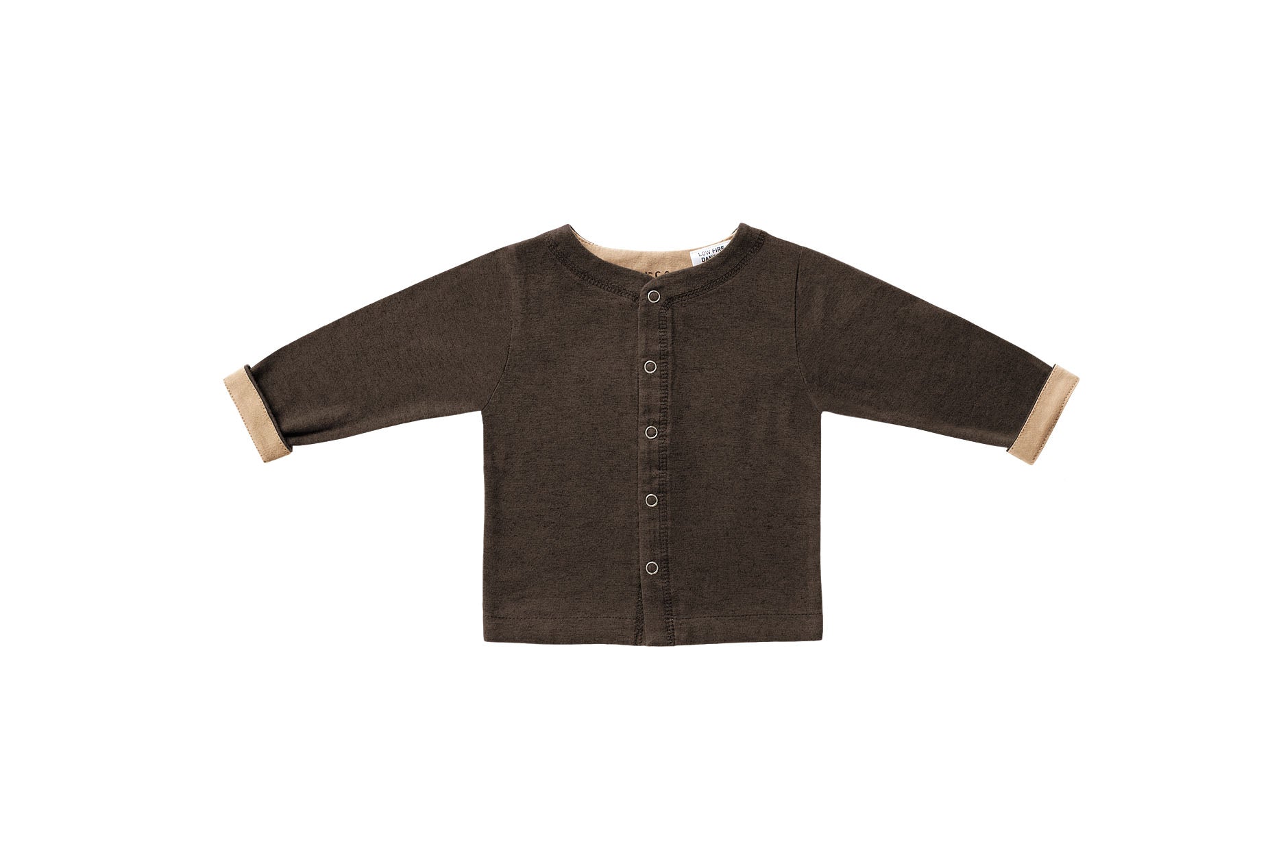 Horsey baby long sleeve top in Bay chocolate, unisex, luxury cashmere & cotton, fold cuffs back for contrast colour