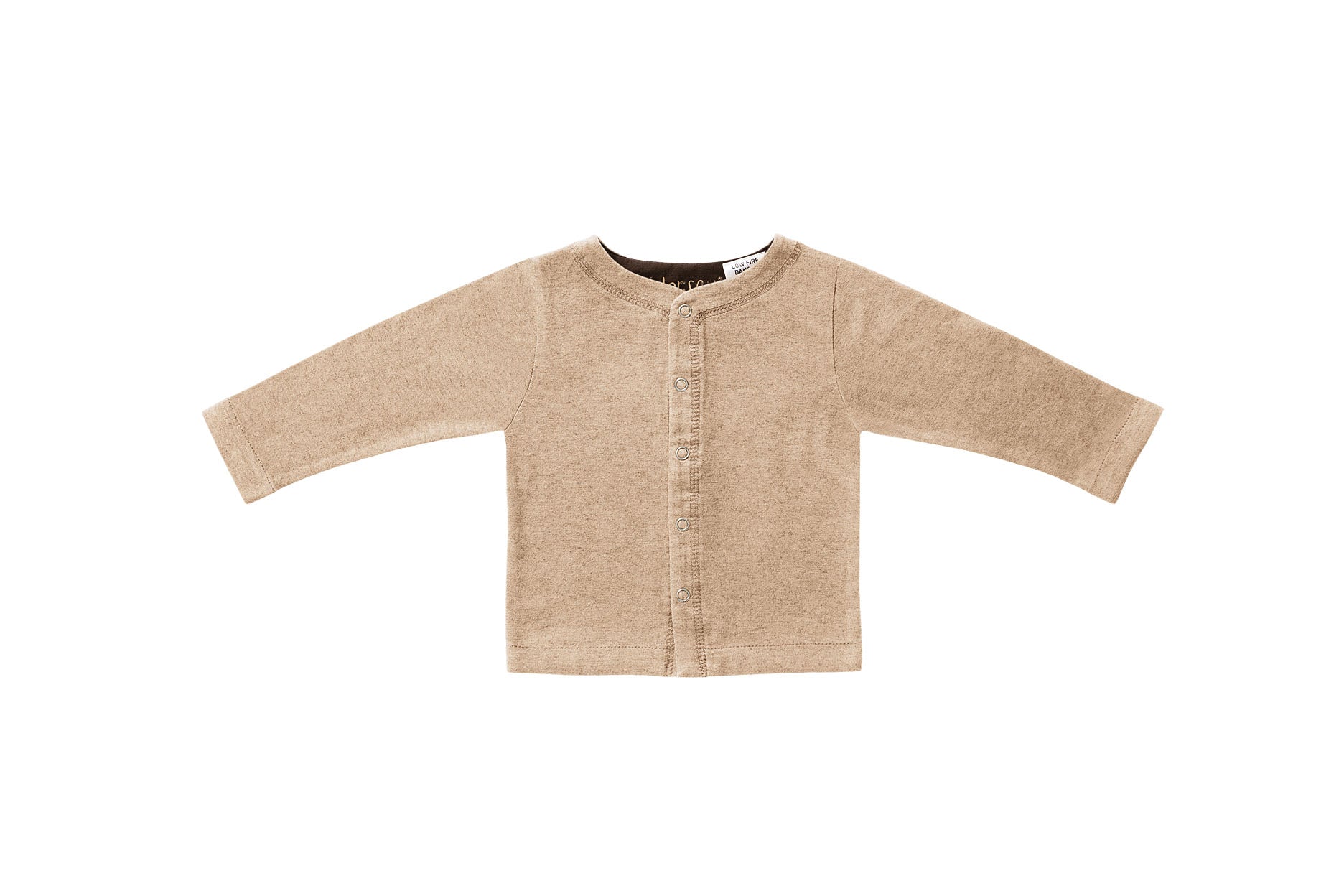 Horsey baby long sleeve top in Buckskin beige colour, luxury machine-washable cashmere & cotton blend, sizes 00000–0