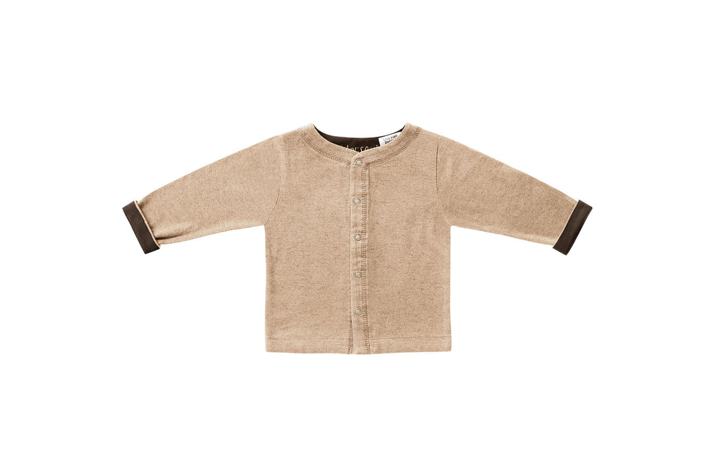 Horsey baby long sleeve top in Buckskin beige, unisex, luxury cashmere & cotton, fold cuffs back for contrast colour