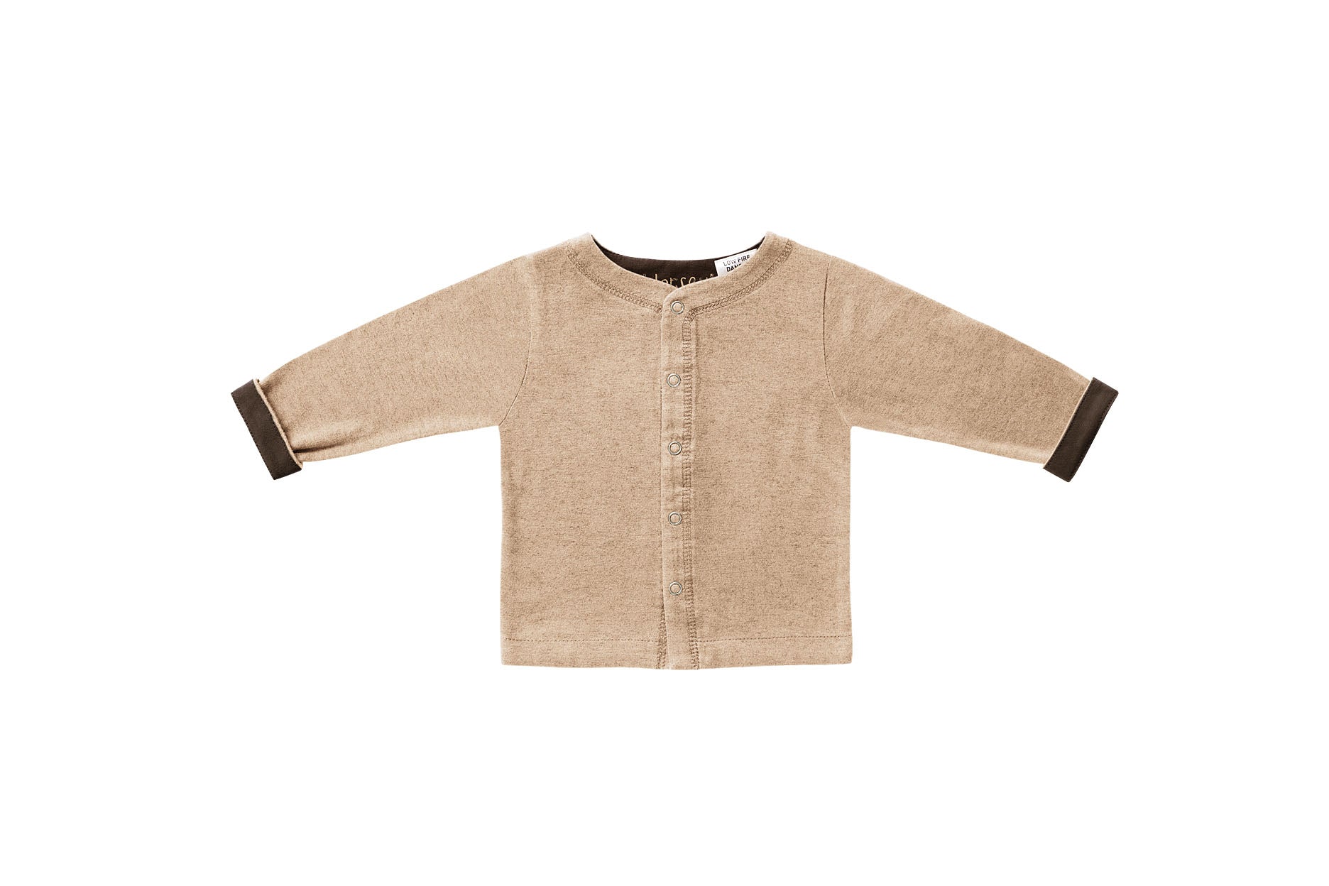 Horsey baby long sleeve top in Buckskin beige, unisex, luxury cashmere & cotton, fold cuffs back for contrast colour