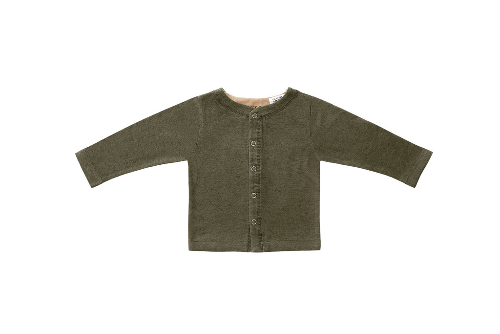 Horsey baby long sleeve top in Lucerne olive colour, luxury machine-washable cashmere & cotton blend, sizes 00000–0