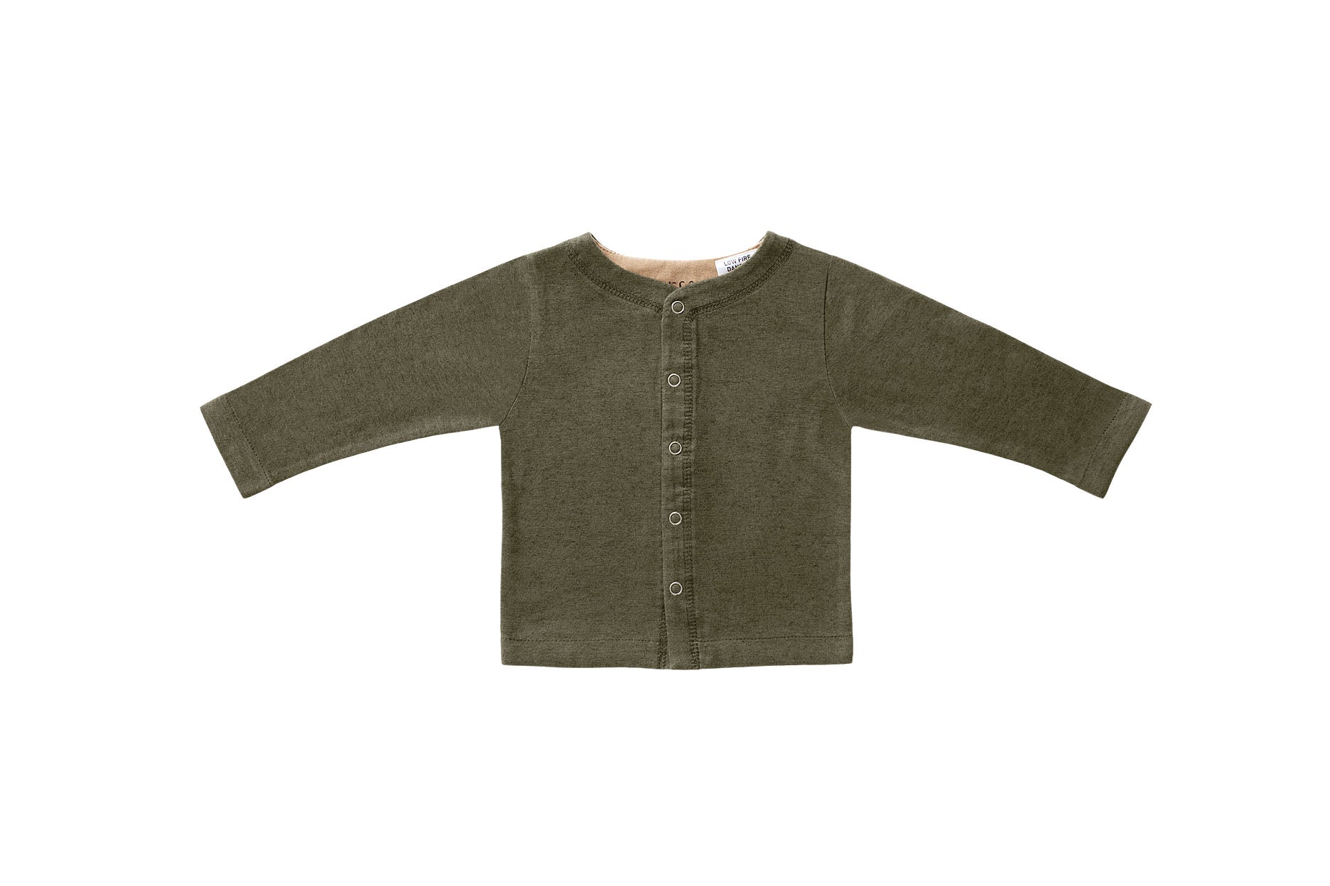 Horsey baby long sleeve top in Lucerne olive colour, luxury machine-washable cashmere & cotton blend, sizes 00000–0