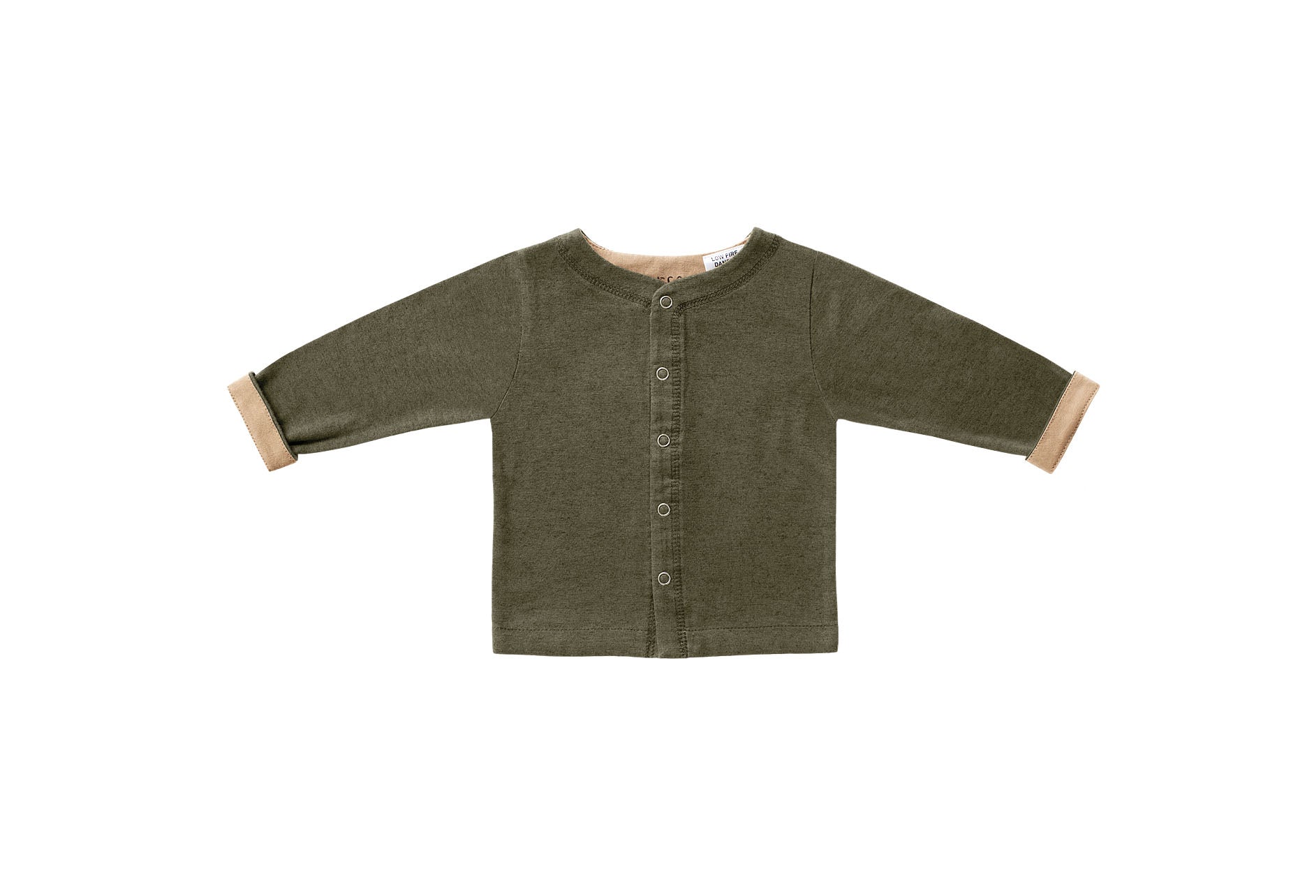 Horsey baby long sleeve top in Lucerne olive, unisex, luxury cashmere & cotton, fold cuffs back for contrast colour