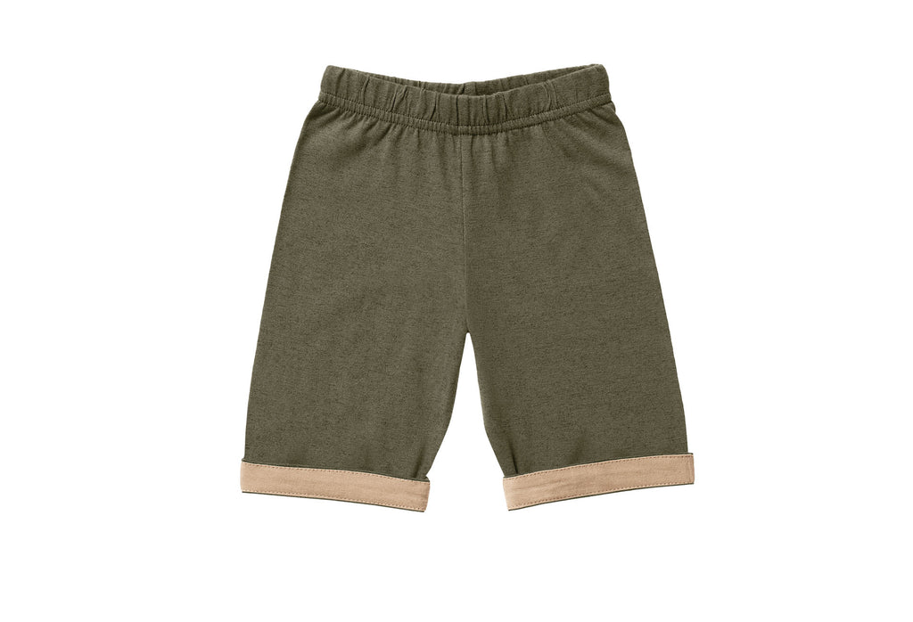 Horsey baby pants in Lucerne olive, unisex, luxury cashmere & cotton, fold cuffs back for contrast colour