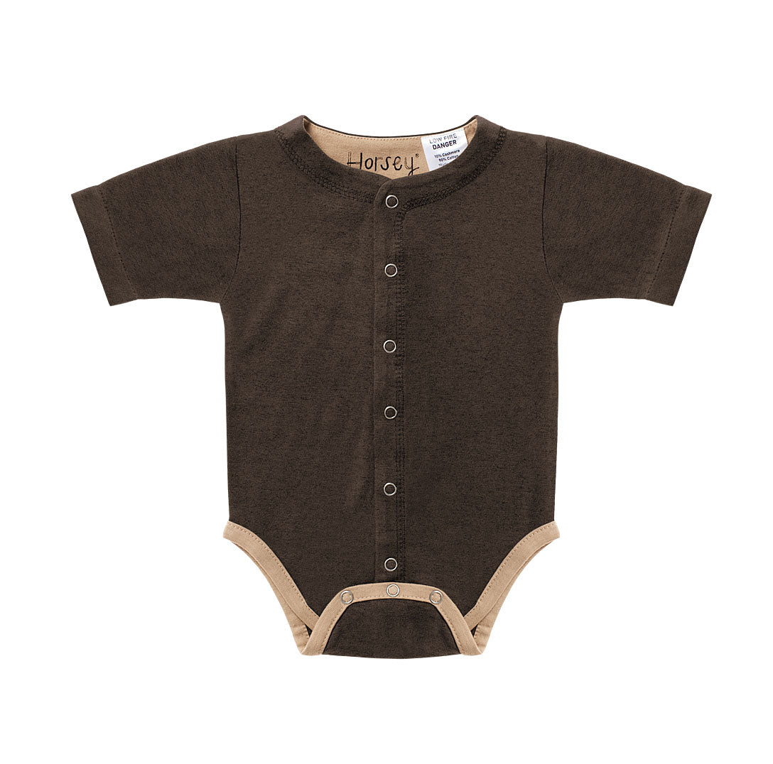 Horsey baby short suit in Bay chocolate, luxury machine-washable cashmere & cotton blend, sizes 00000–0