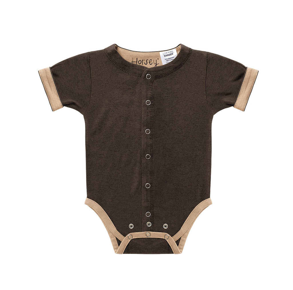 Horsey baby short suit in Bay chocolate, unisex, fold cuffs for contrast colour, double stud rows grow with baby