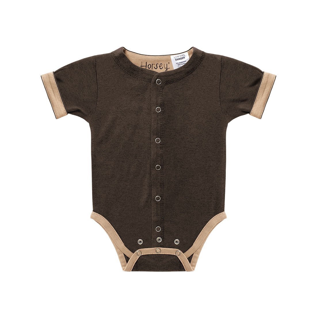 Horsey baby short suit in Bay chocolate, unisex, fold cuffs for contrast colour, double stud rows grow with baby