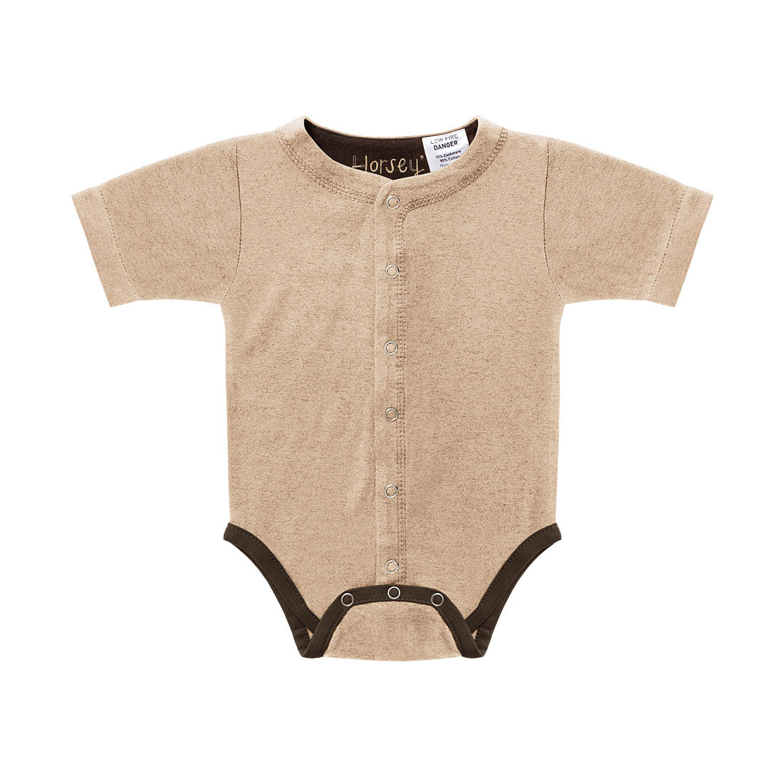 Horsey baby short suit in Buckskin beige, luxury machine-washable cashmere & cotton blend, sizes 00000–0