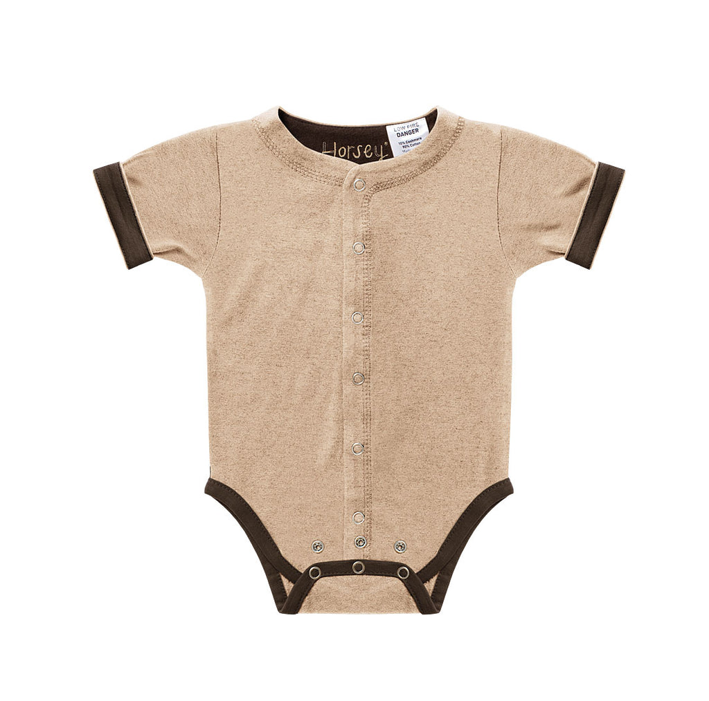 Horsey baby short suit in Buckskin beige, unisex, fold cuffs for contrast colour, double stud rows grow with baby
