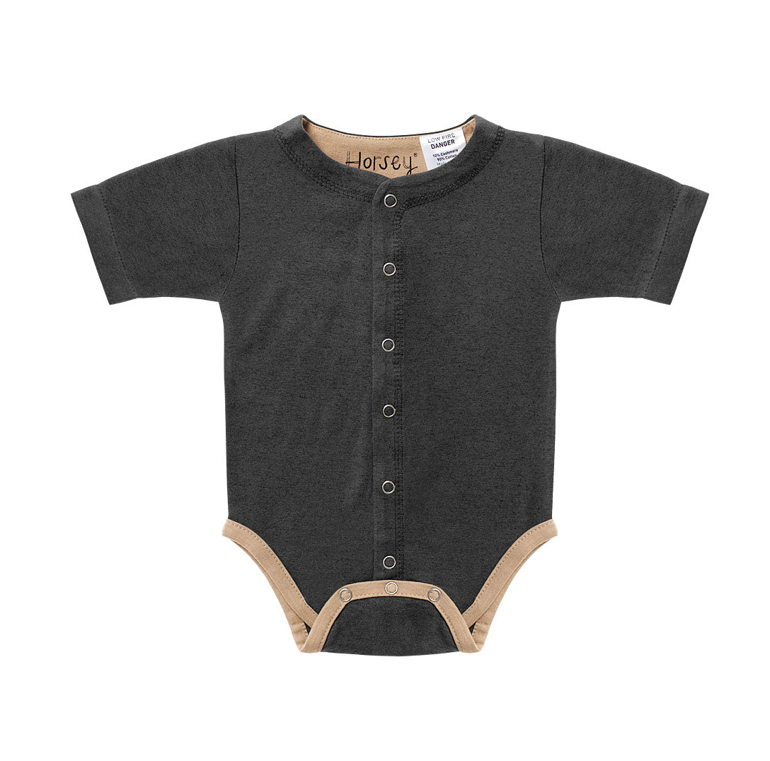 Horsey baby short suit in Grey charcoal, luxury machine-washable cashmere & cotton blend, sizes 00000–0