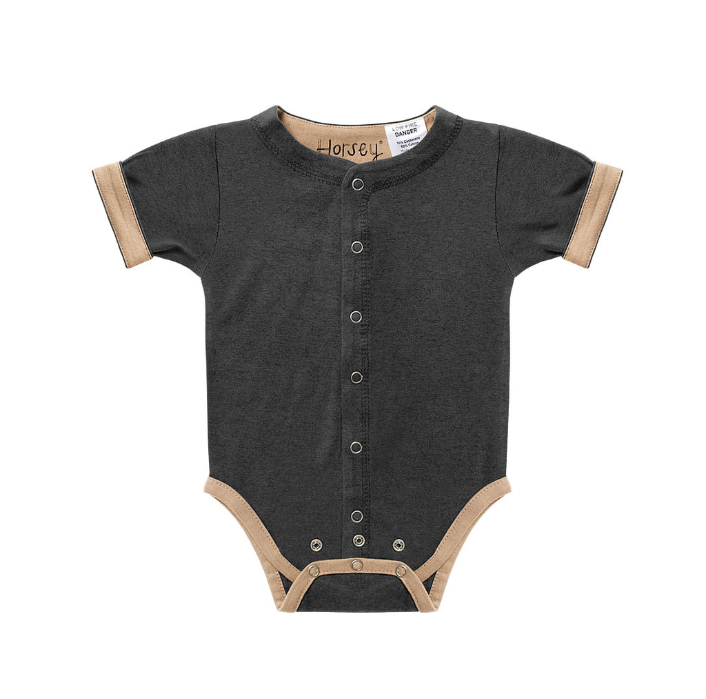 Horsey baby short suit in Grey charcoal, unisex, fold cuffs for contrast colour, double stud rows grow with baby