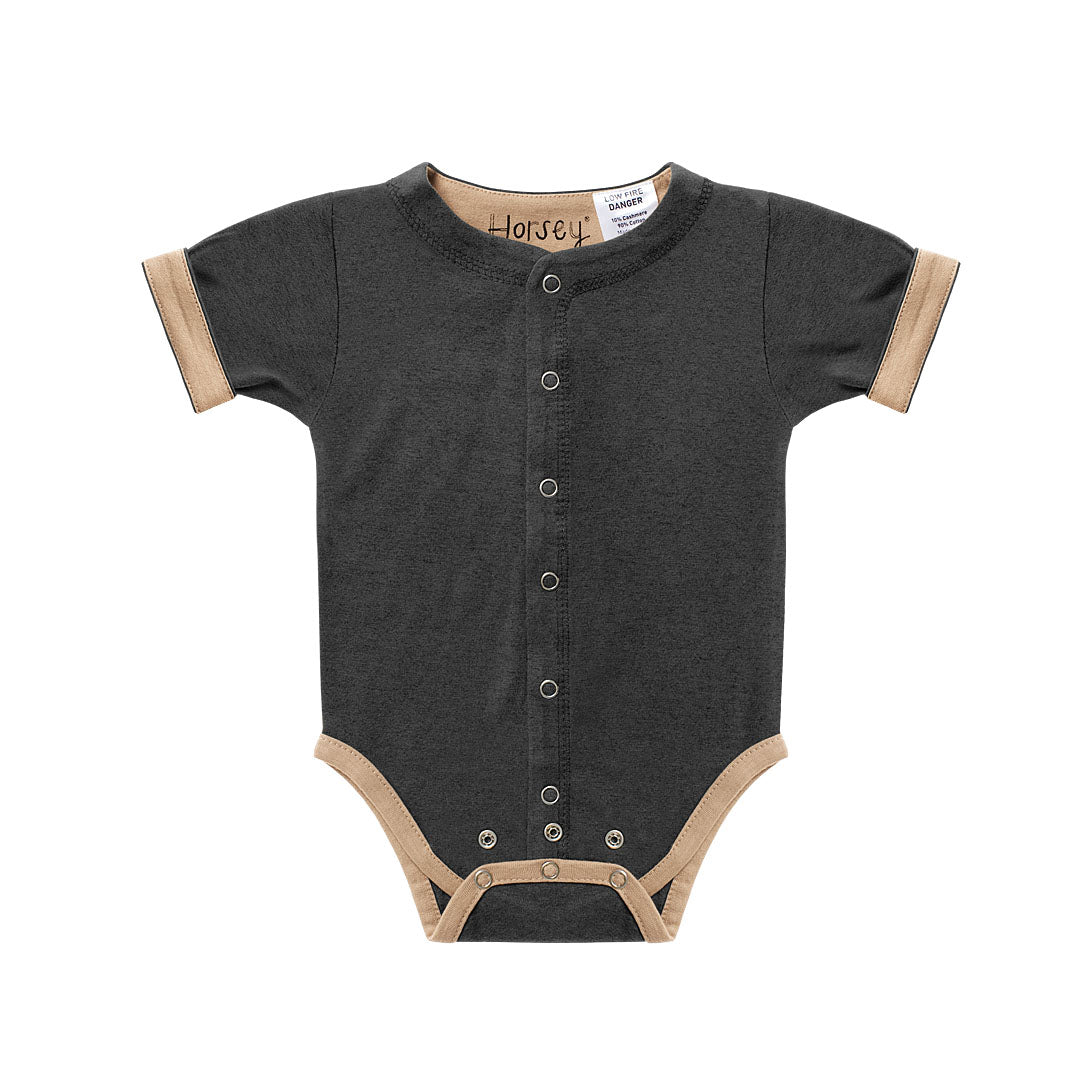Horsey baby short suit in Grey charcoal, unisex, fold cuffs for contrast colour, double stud rows grow with baby