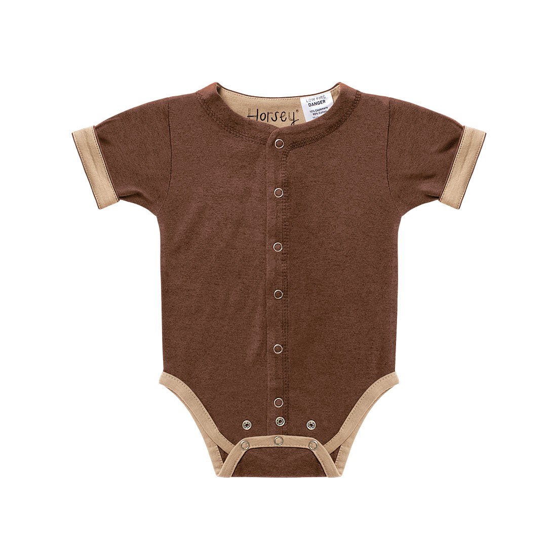 Horsey baby short suit in Chestnut caramel, unisex, fold cuffs for contrast colour, double stud rows grow with baby