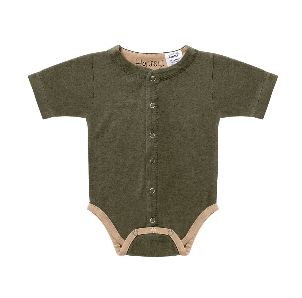 Horsey baby short suit in Lucerne olive, luxury machine-washable cashmere & cotton blend, sizes 00000–0