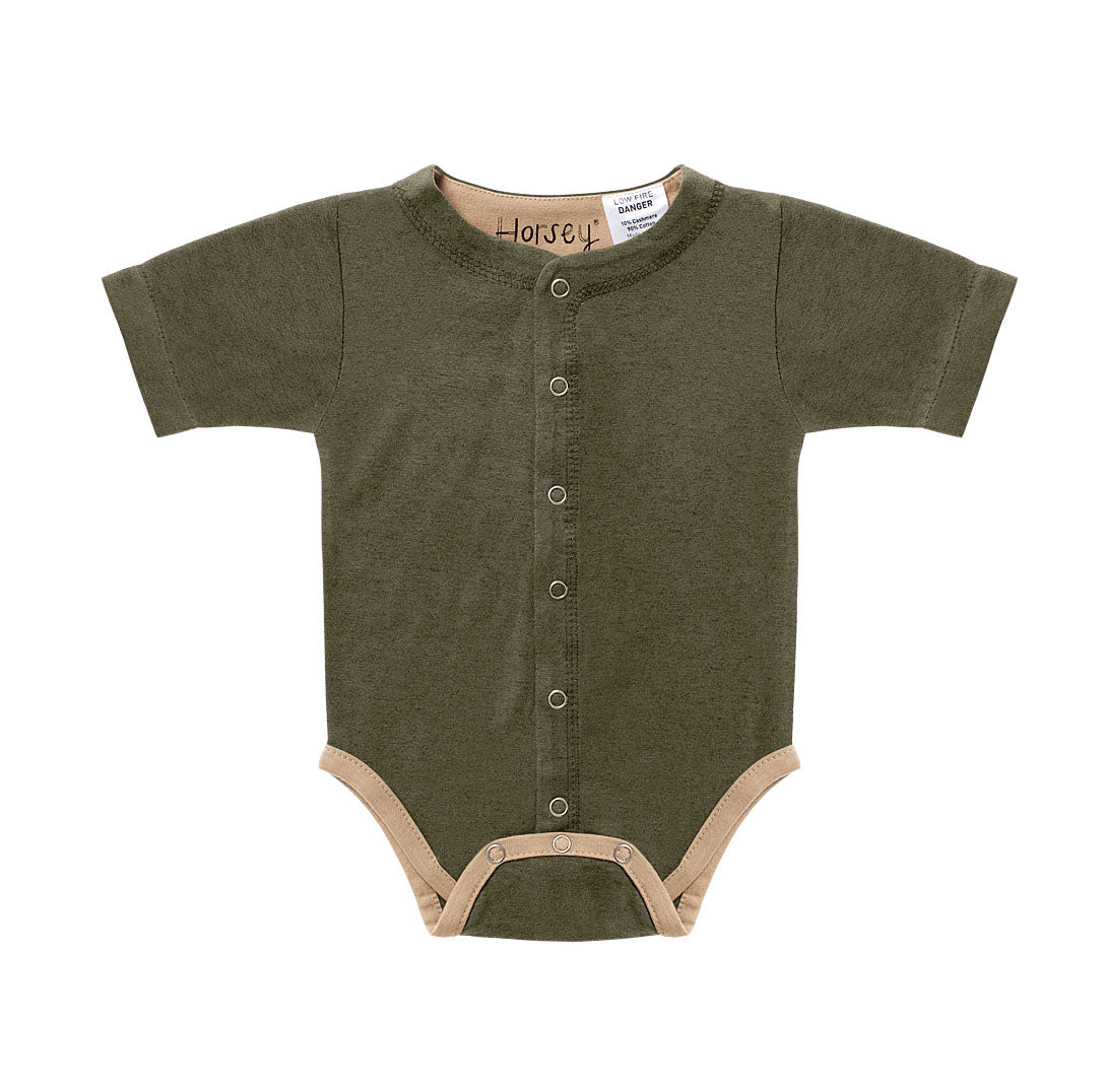 Horsey baby short suit in Lucerne olive, luxury machine-washable cashmere & cotton blend, sizes 00000–0
