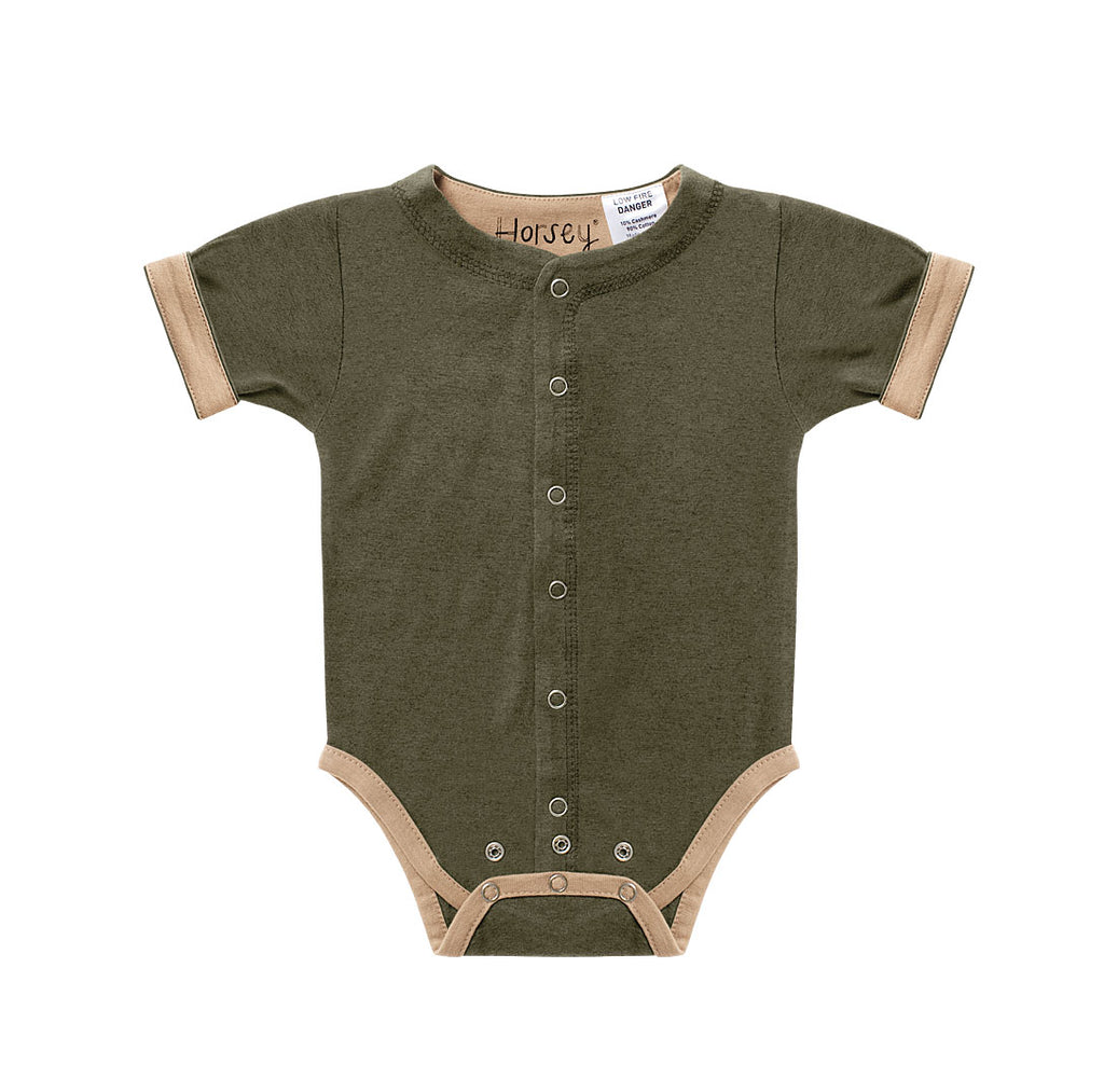 Horsey baby short suit in Lucerne olive, unisex, fold cuffs for contrast colour, double stud rows grow with baby