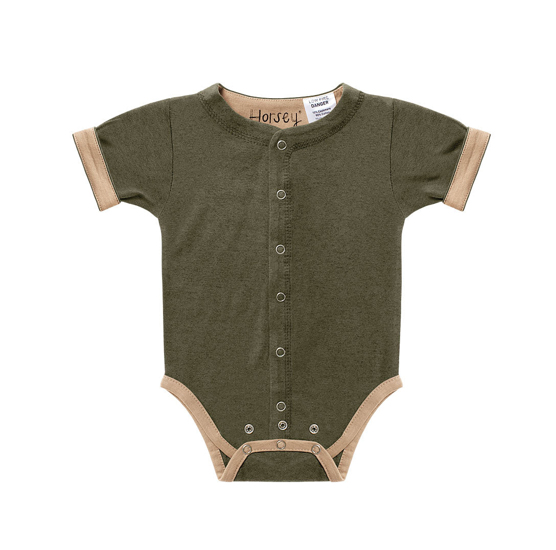 Horsey baby short suit in Lucerne olive, unisex, fold cuffs for contrast colour, double stud rows grow with baby