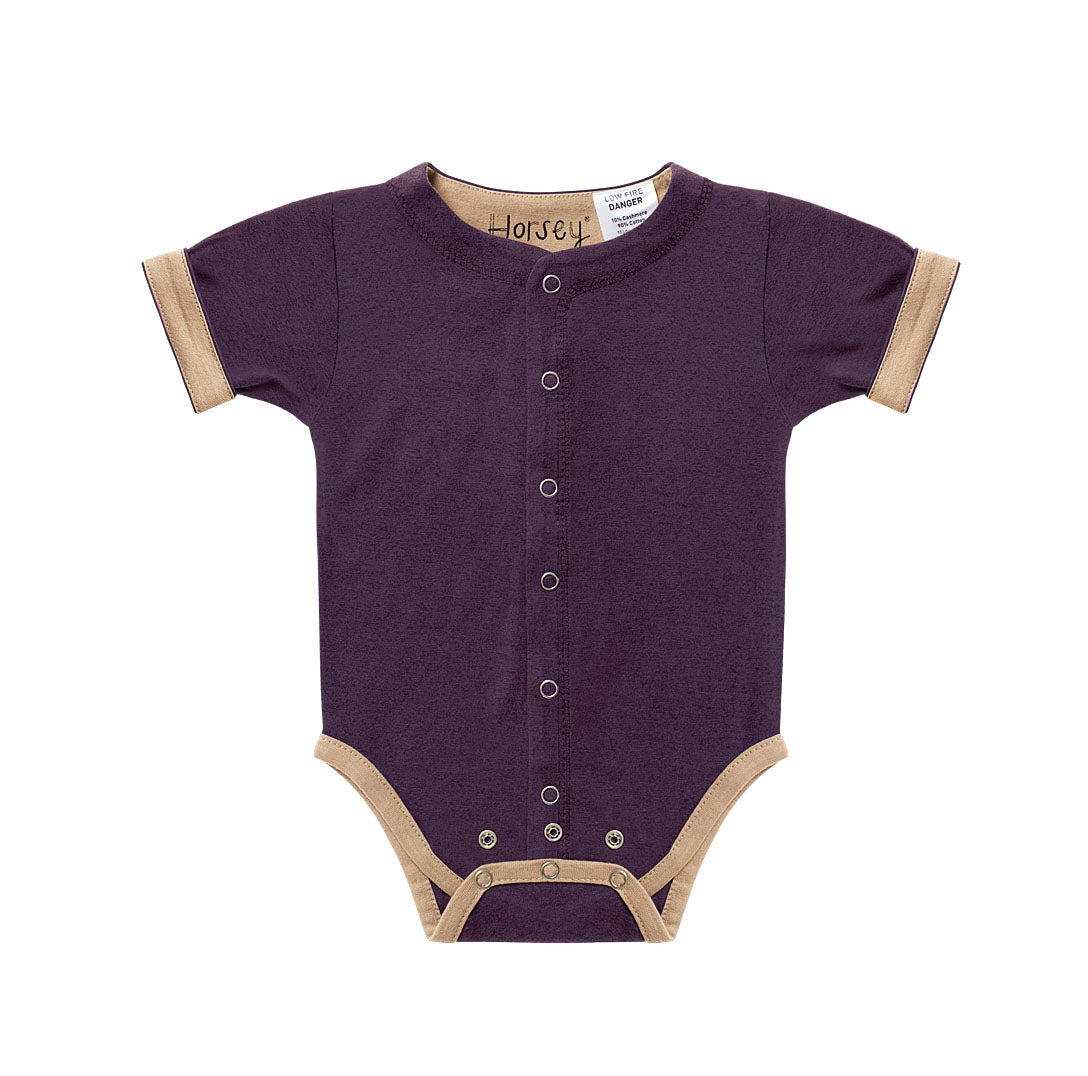 Horsey baby short suit in Heritage Carrot purple, unisex, fold cuffs for contrast colour, double stud rows grow with baby