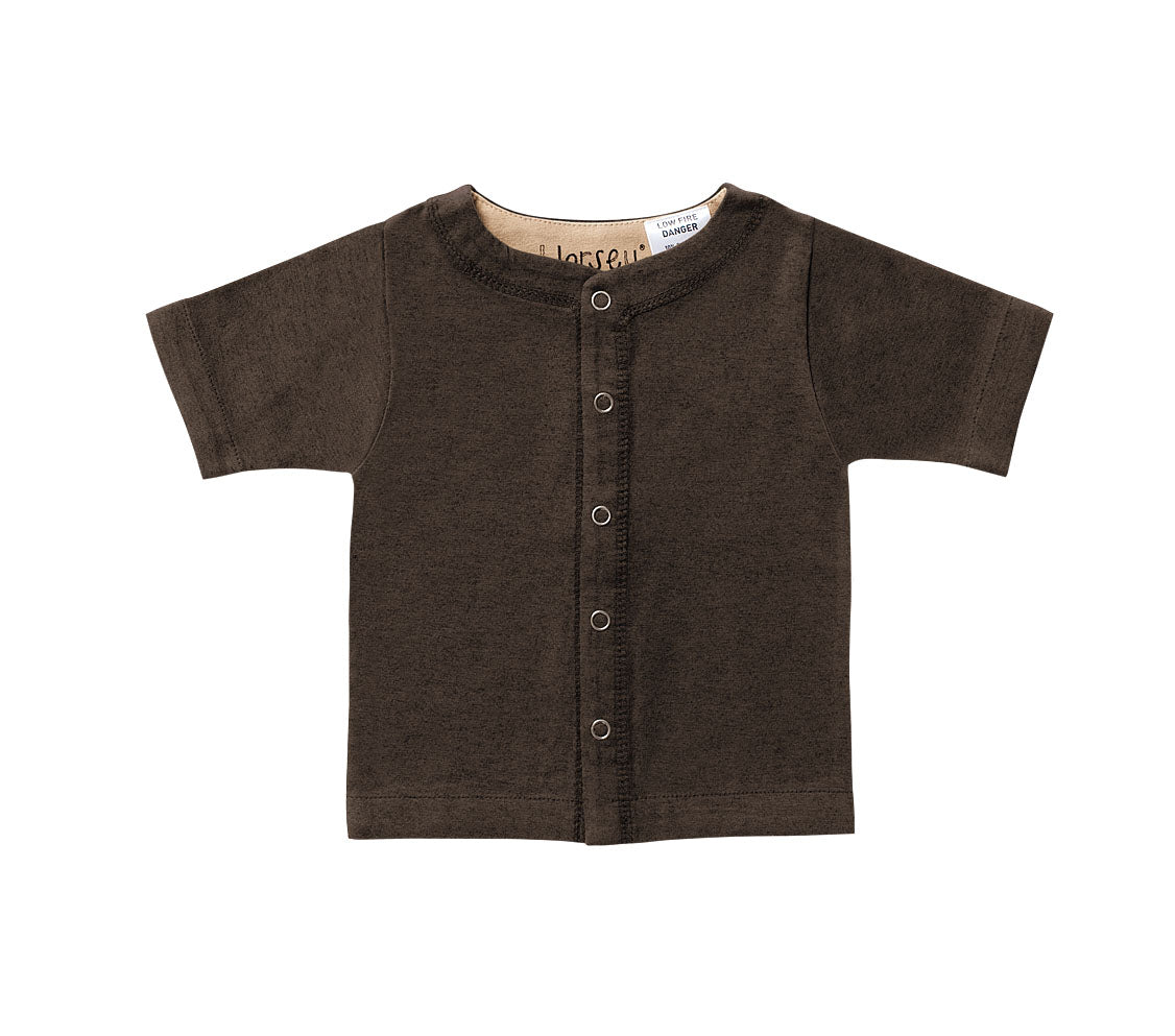 Horsey baby short sleeve top in Bay chocolate, luxury machine-washable cashmere & cotton blend, sizes 00000–0