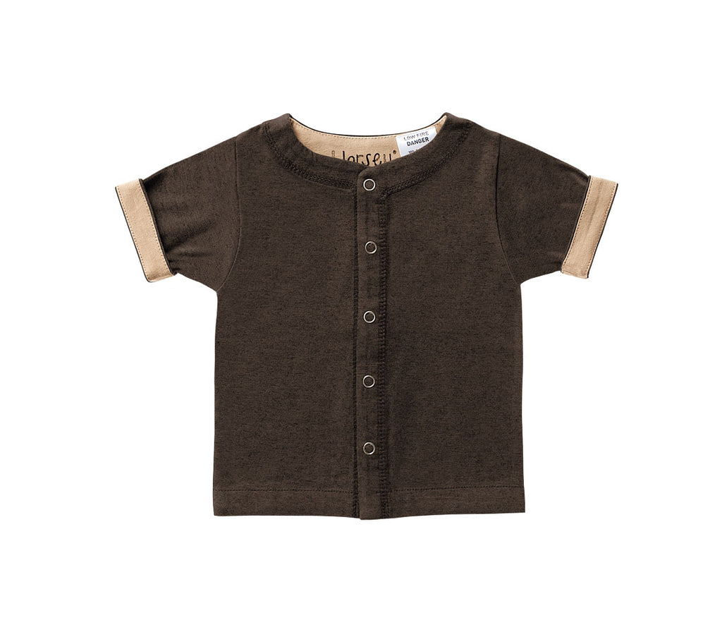 Horsey baby short sleeve top in Bay chocolate, unisex, luxury cashmere & cotton, fold cuffs back for contrast colour