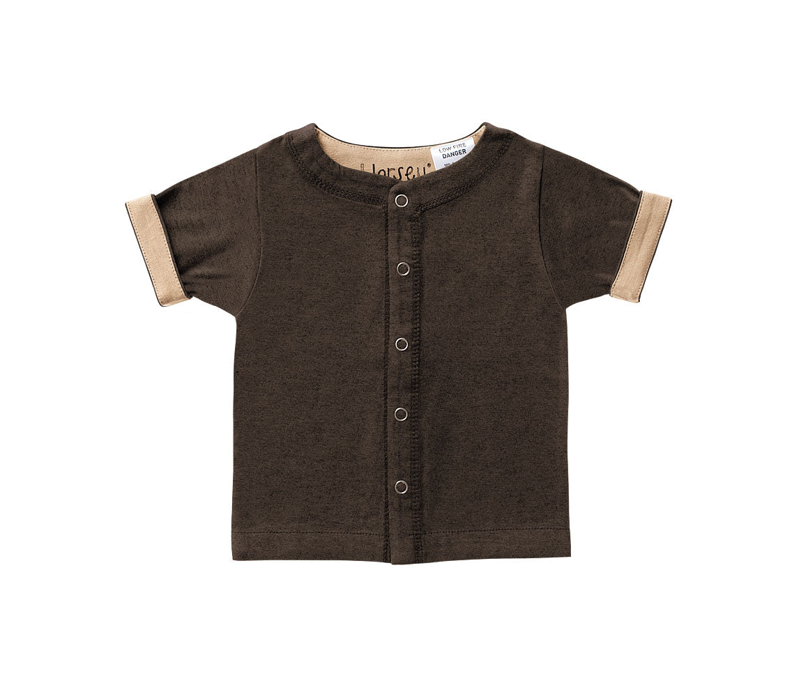 Horsey baby short sleeve top in Bay chocolate, unisex, luxury cashmere & cotton, fold cuffs back for contrast colour
