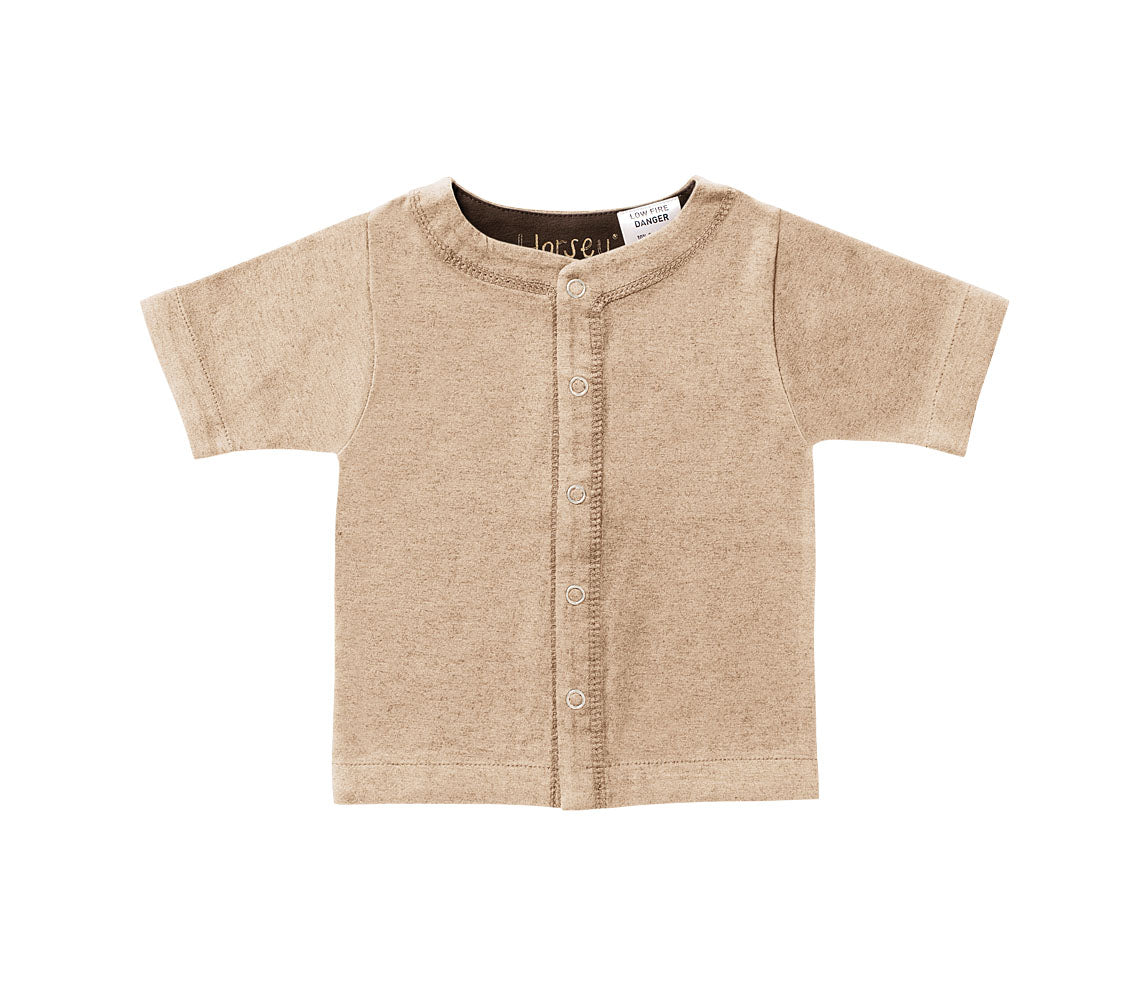 Horsey baby short sleeve top in Buckskin beige, luxury machine-washable cashmere & cotton blend, sizes 00000–0