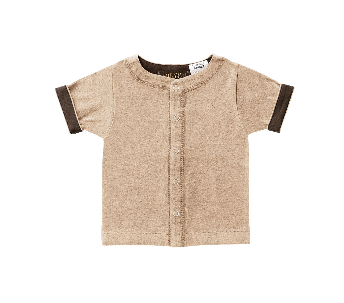 Horsey baby short sleeve top in Buckskin beige, unisex, luxury cashmere & cotton, fold cuffs back for contrast colour
