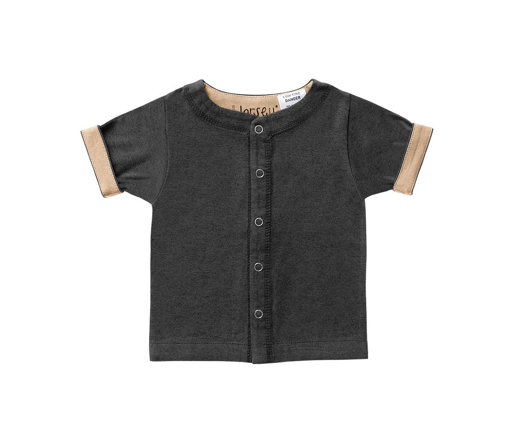 Horsey baby short sleeve top in Grey charcoal, unisex, luxury cashmere & cotton, fold cuffs back for contrast colour
