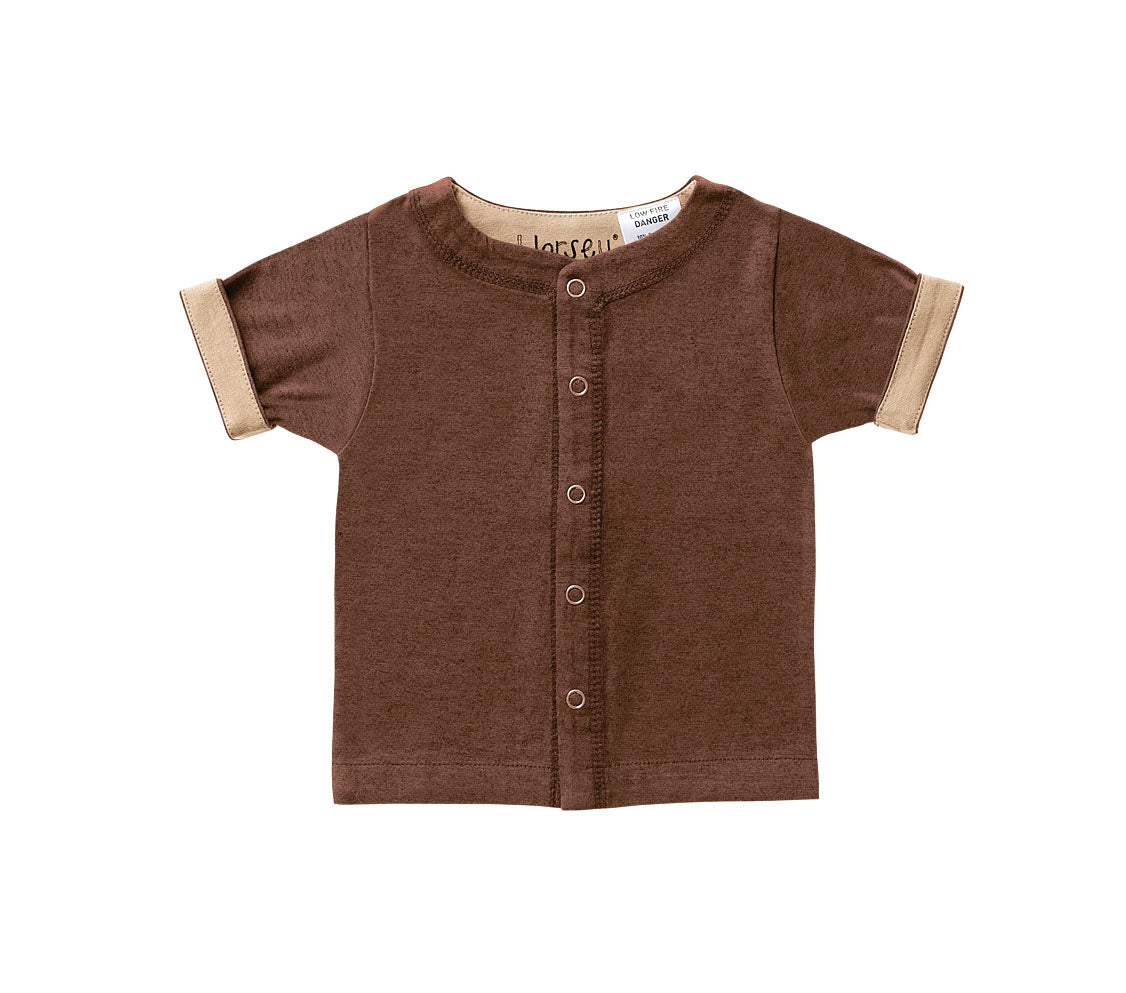 Horsey baby short sleeve top in Chestnut caramel, unisex, luxury cashmere & cotton, fold cuffs back for contrast colour