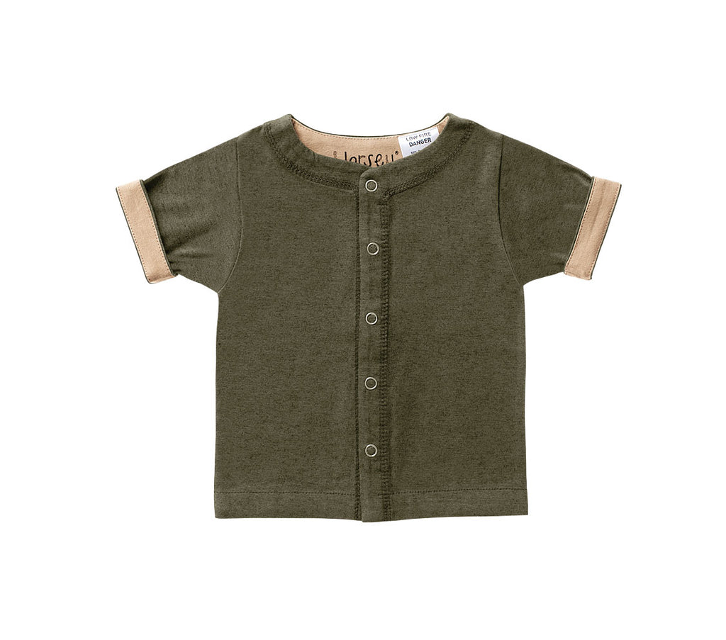 Horsey baby short sleeve top in Lucerne olive, unisex, luxury cashmere & cotton, fold cuffs back for contrast colour