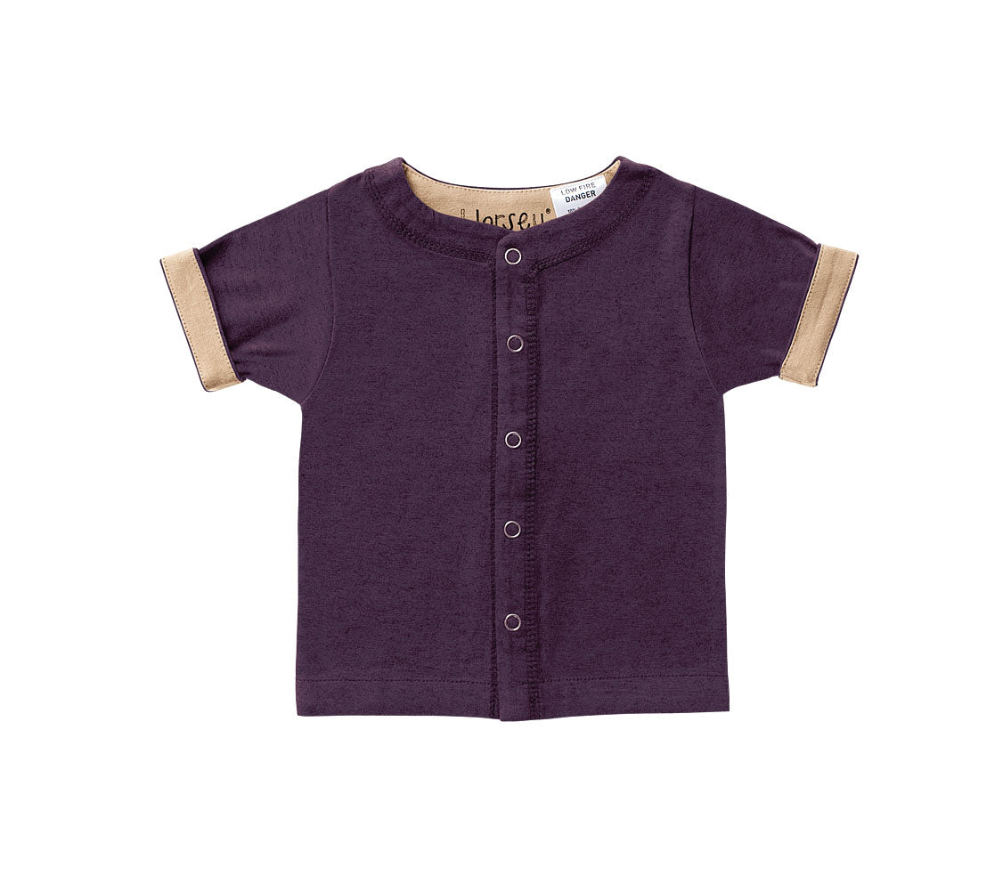 Horsey baby short sleeve top in Heritage Carrot purple, unisex, luxury cashmere & cotton, fold cuffs back for contrast colour